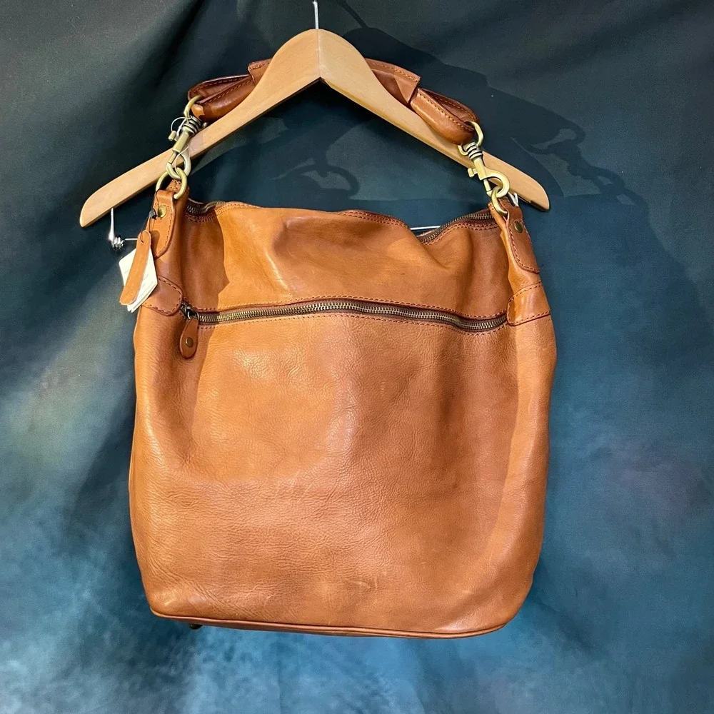 I Medici Firenze Genuine Leather Hobo Shoulder Bag‎ Tan Brown Double Zip Top